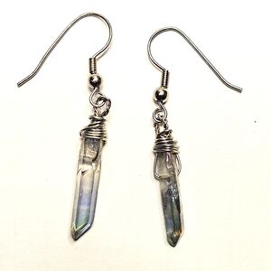 Gray Aura Quartz Crystal Point Earrings